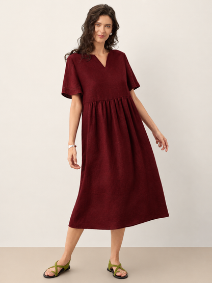 Women's 100% Linen Ruched Midi Dress - Short Sleeve Office
