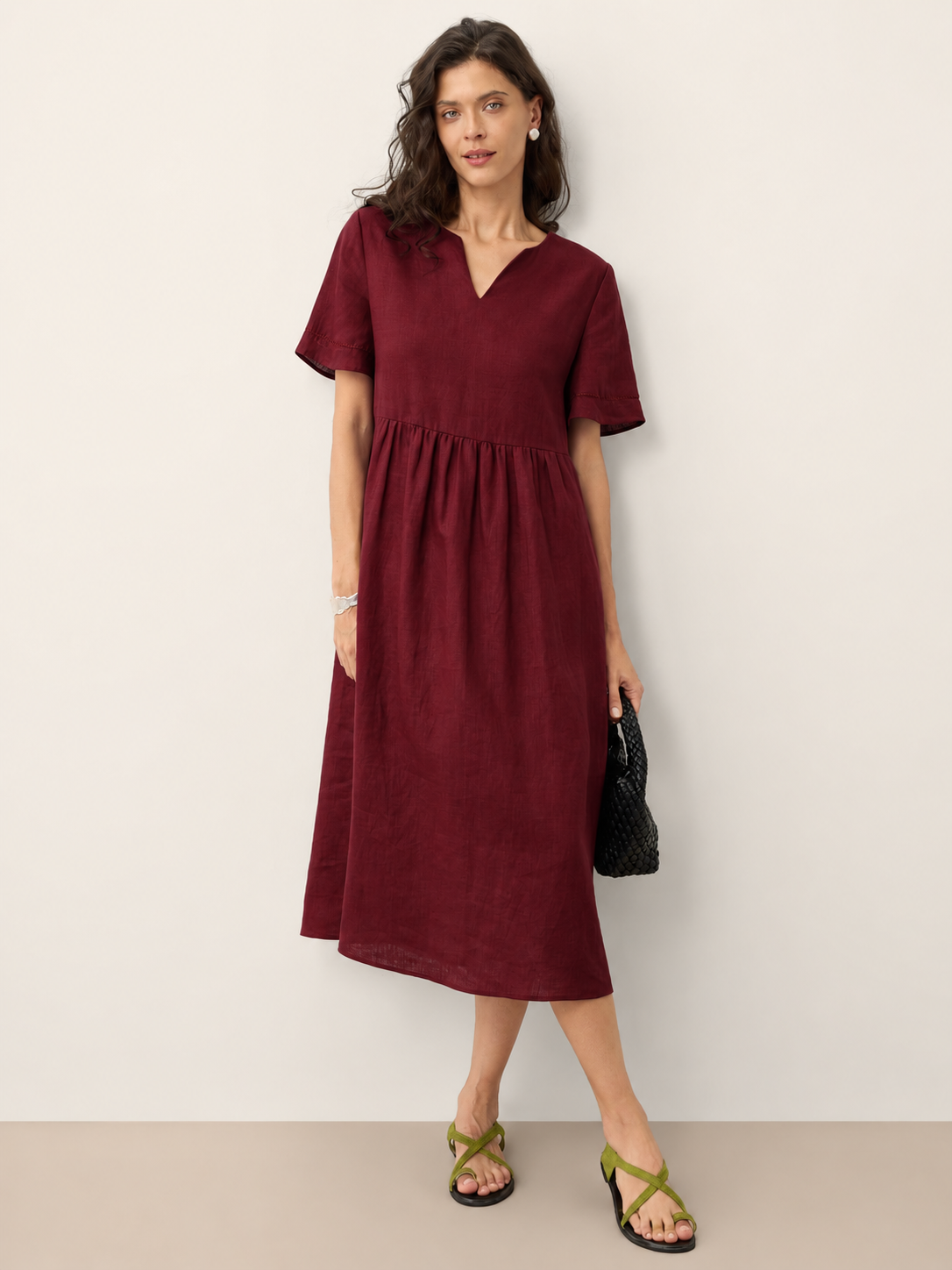 Women's 100% Linen Ruched Midi Dress - Short Sleeve Office
