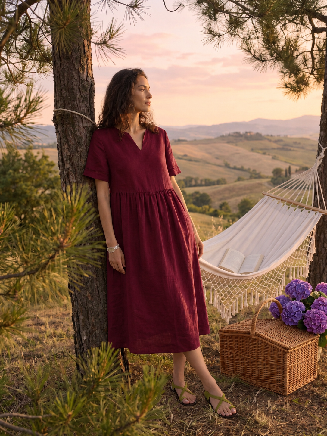 Women's 100% Linen Ruched Midi Dress - Short Sleeve Office