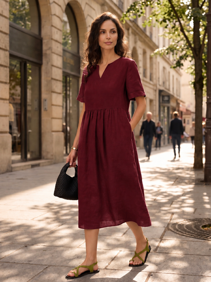 Women's 100% Linen Ruched Midi Dress - Short Sleeve Office