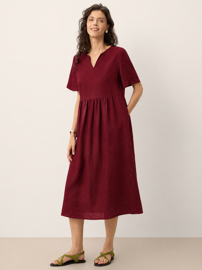 Women's 100% Linen Ruched Midi Dress - Short Sleeve Office