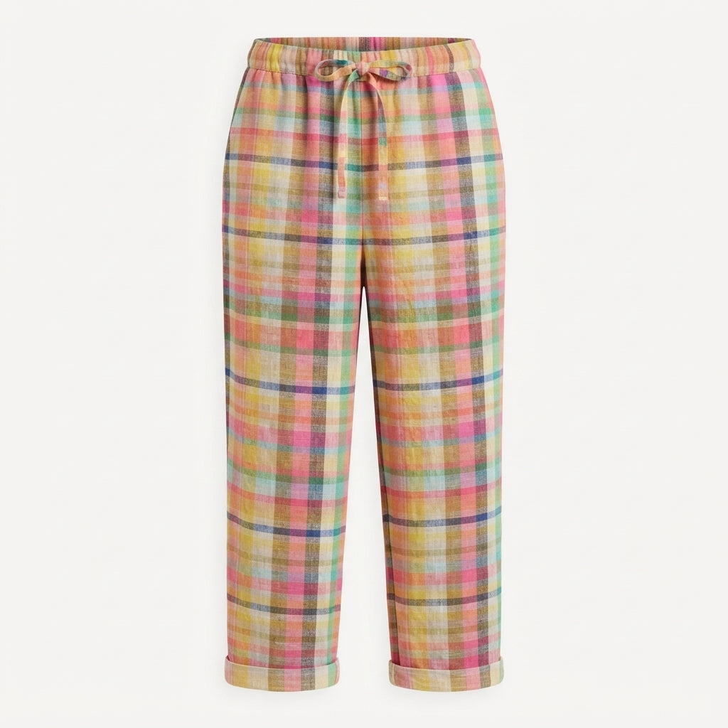 Women's Checkered Linen Trousers - Plaid Summer Pants