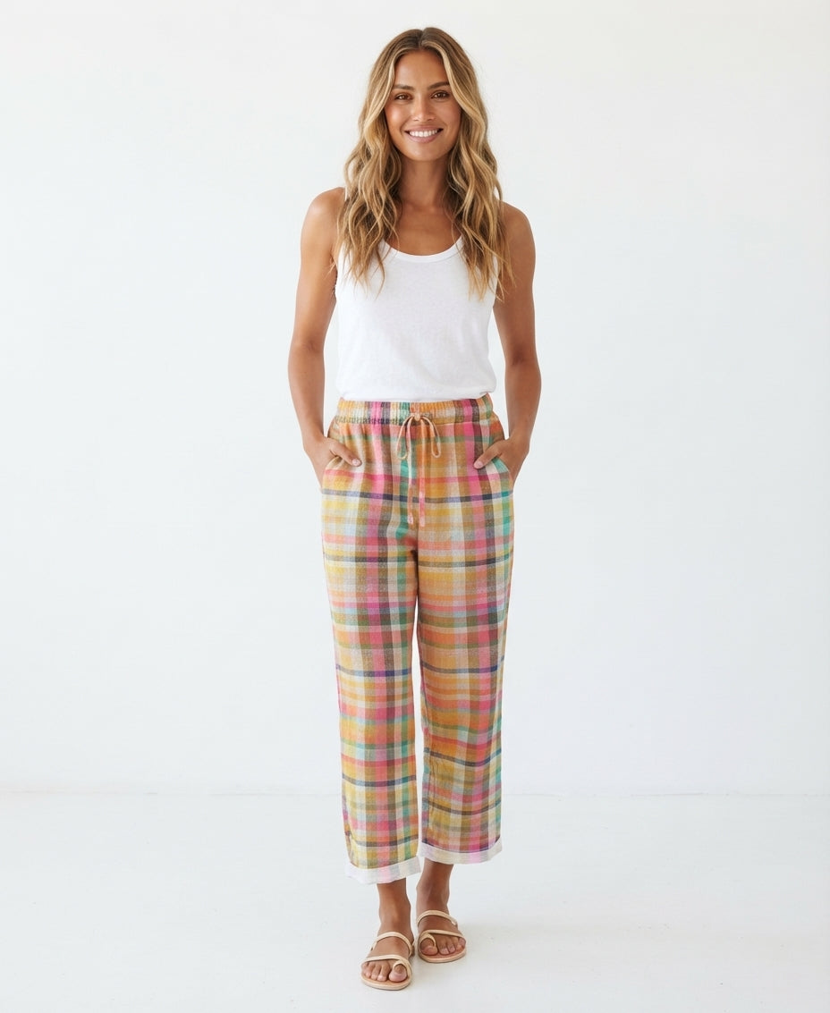 Women's Checkered Linen Trousers - Plaid Summer Pants