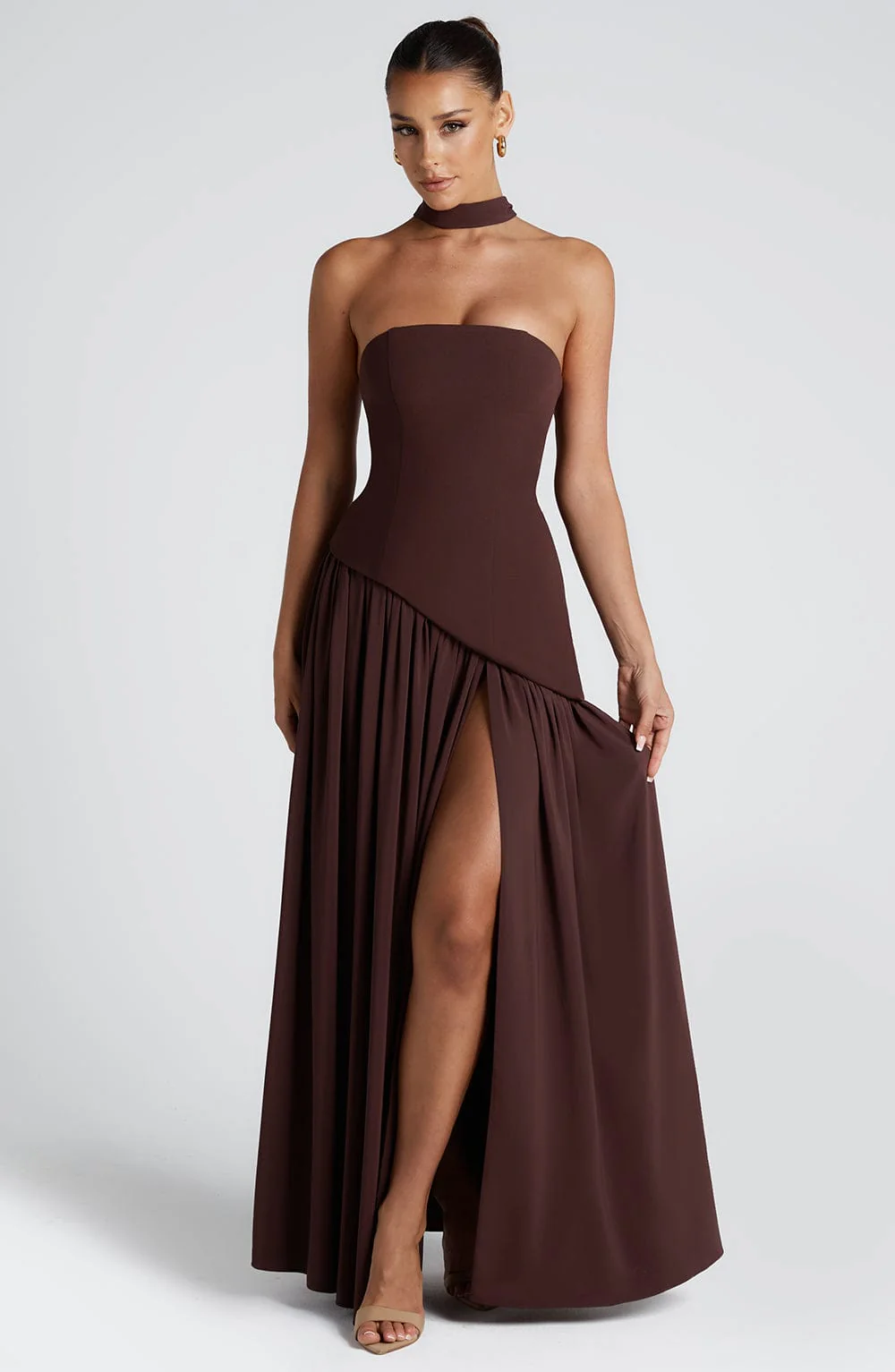 Strapless Draped Maxi Gown with Scarf - Women's Formal Wear