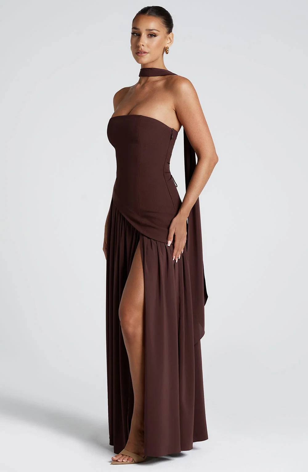 Strapless Draped Maxi Gown with Scarf - Women's Formal Wear