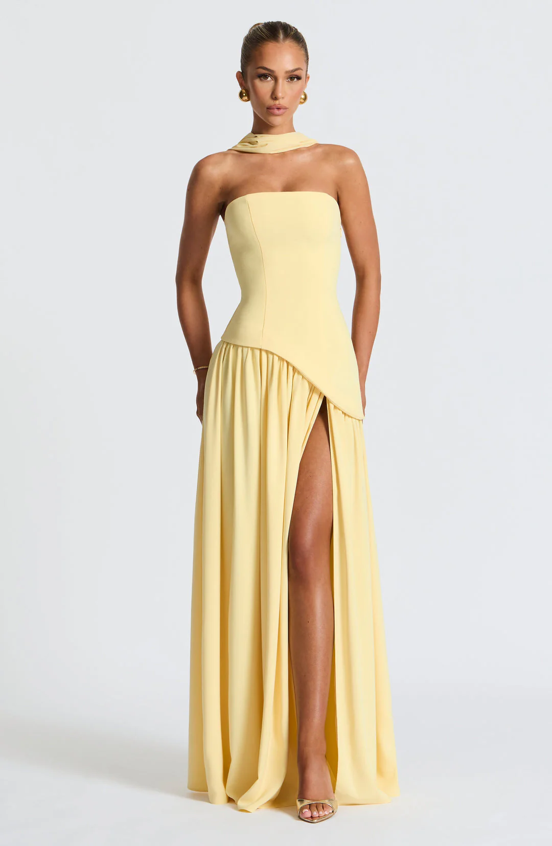 Strapless Draped Maxi Gown with Scarf - Women's Formal Wear