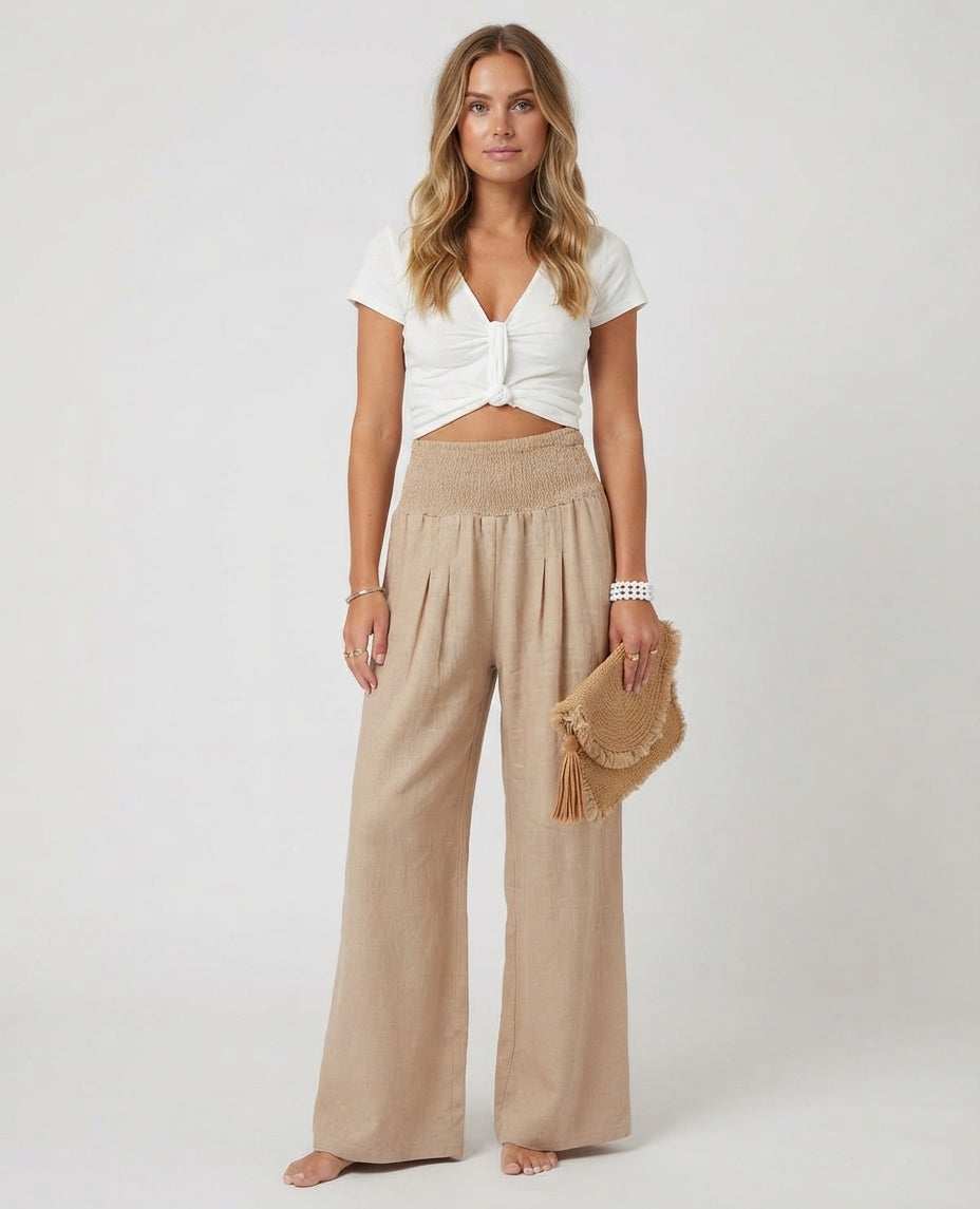 Women's Linen Wide Leg Beach Pants - Relaxed Summer Trousers