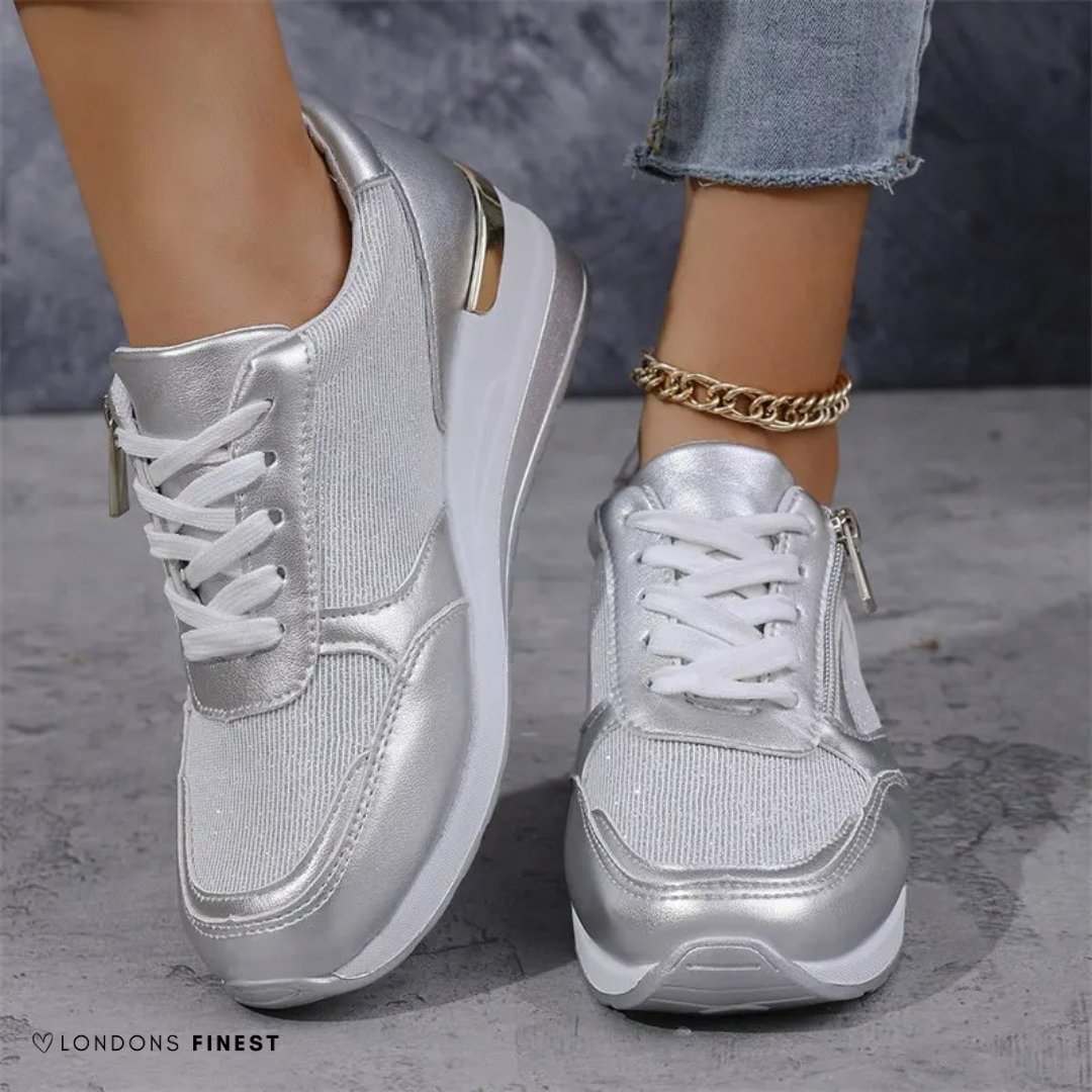 Women's Metallic Wedge Sneakers - Lace-Up Side Zip Shoes