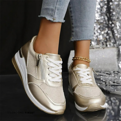 Women's Metallic Wedge Sneakers - Lace-Up Side Zip Shoes