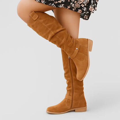 Women's Knee-High Slouch Boots - Low Block Heel Winter Boots