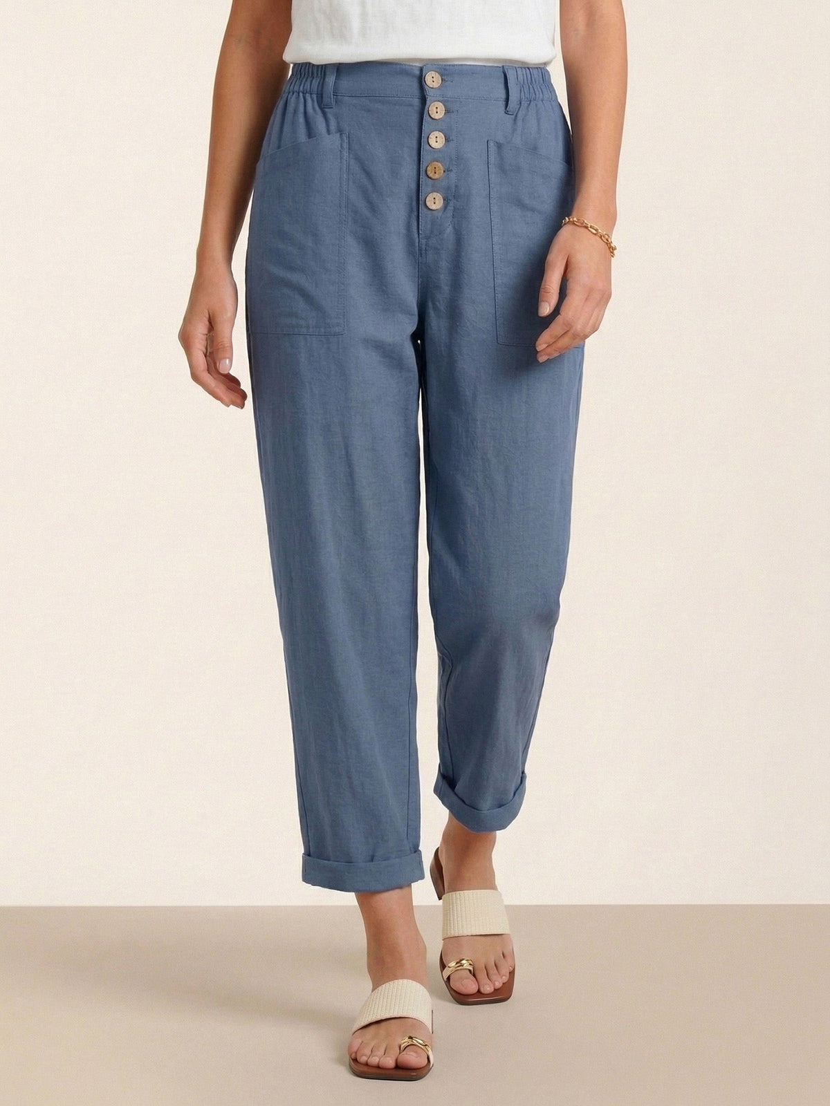Women's Linen Blend Straight Leg Trousers - Patch Pockets