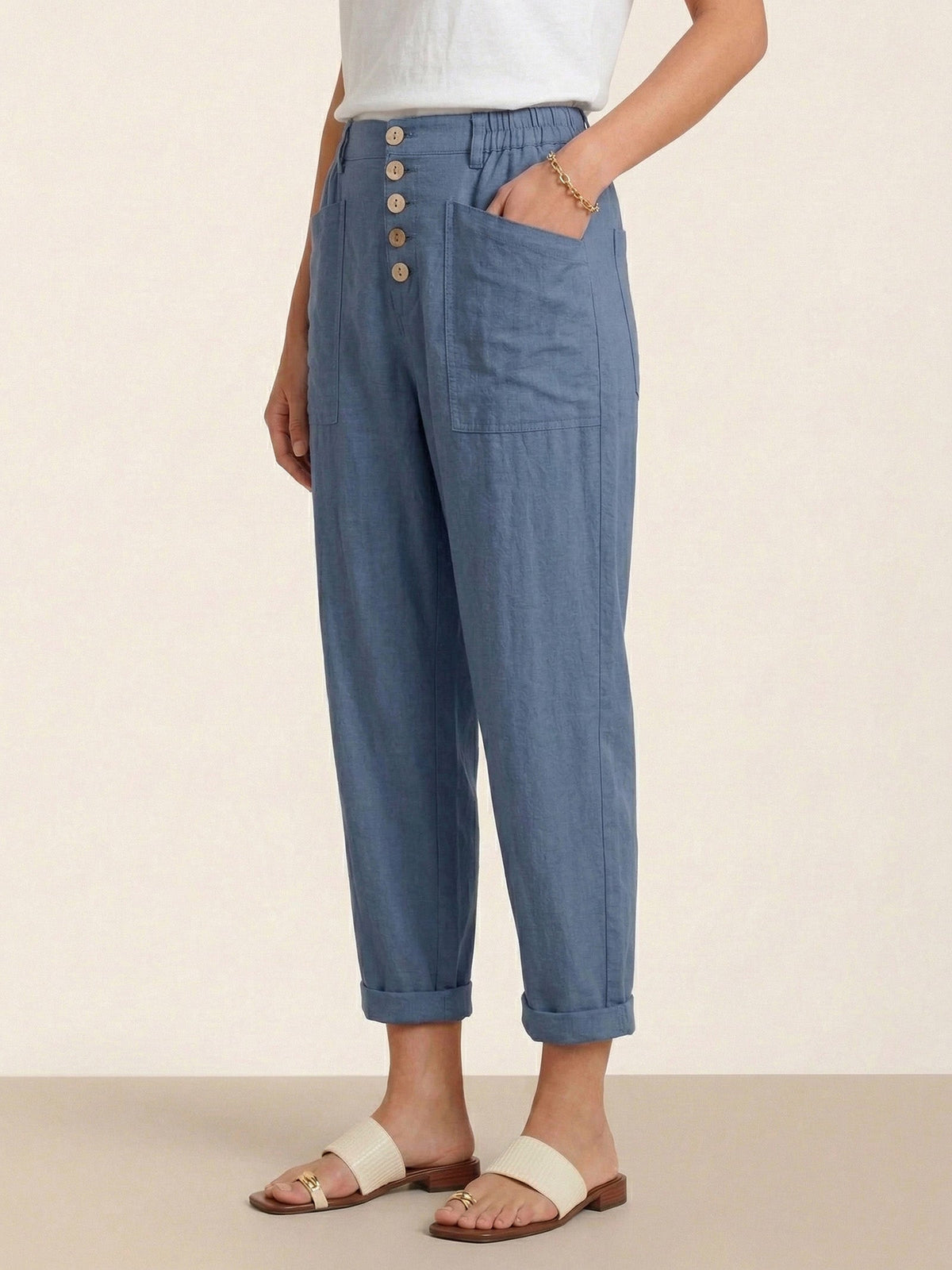 Women's Linen Blend Straight Leg Trousers - Patch Pockets