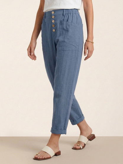 Women's Linen Blend Straight Leg Trousers - Patch Pockets