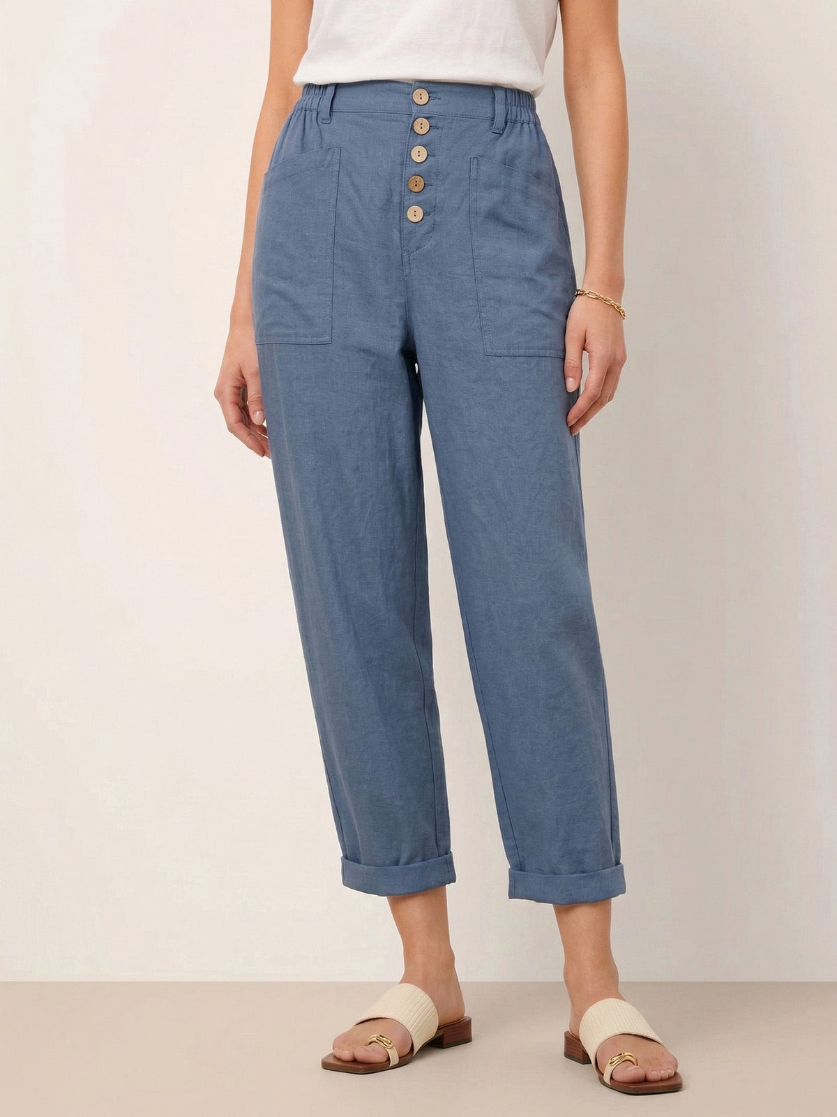 Women's Linen Blend Straight Leg Trousers - Patch Pockets