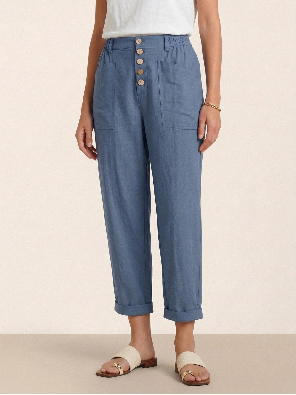Women's Linen Blend Straight Leg Trousers - Patch Pockets