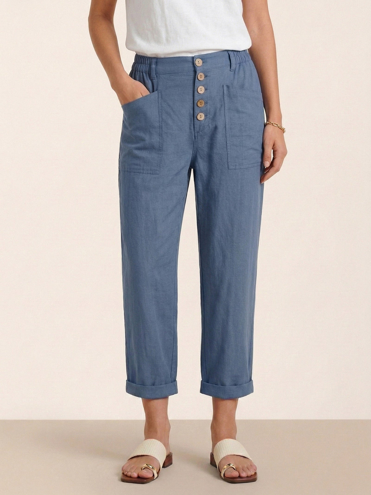 Women's Linen Blend Straight Leg Trousers - Patch Pockets