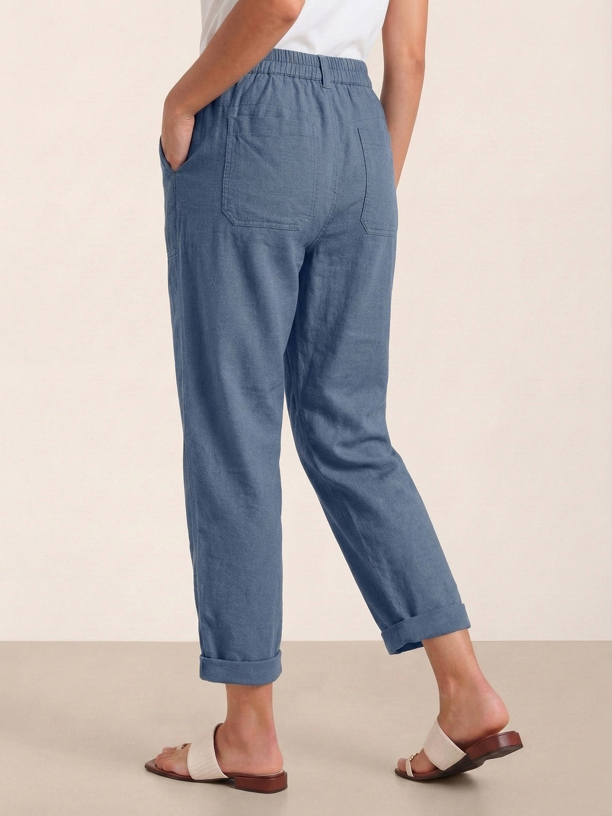 Women's Linen Blend Straight Leg Trousers - Patch Pockets
