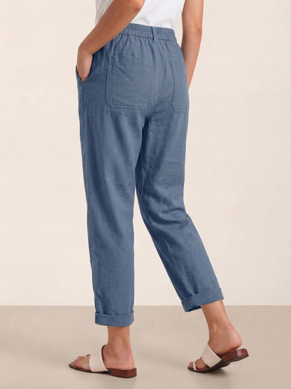 Women's Linen Blend Straight Leg Trousers - Patch Pockets