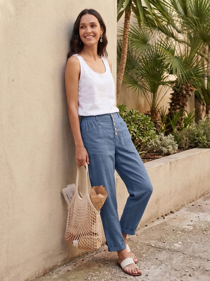 Women's Linen Blend Straight Leg Trousers - Patch Pockets