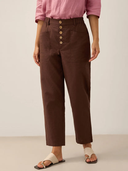 Women's Linen Blend Straight Leg Trousers - Patch Pockets