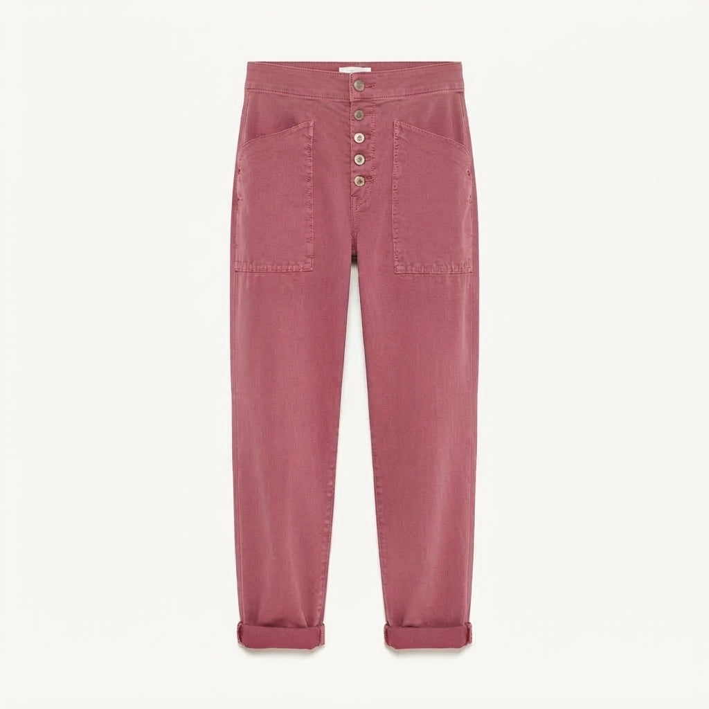 Women's Linen Trousers with Button Detail - Relaxed Fit