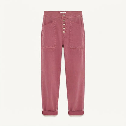 Women's Linen Trousers with Button Detail - Relaxed Fit