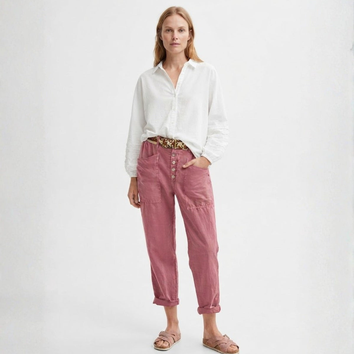 Women's Linen Trousers with Button Detail - Relaxed Fit