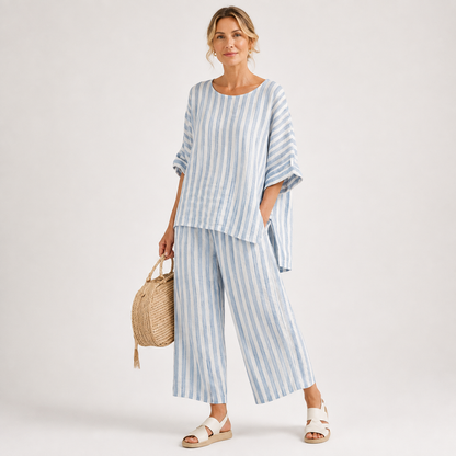 Women's Striped Linen Top and Wide Leg Pants Set - Co-Ord