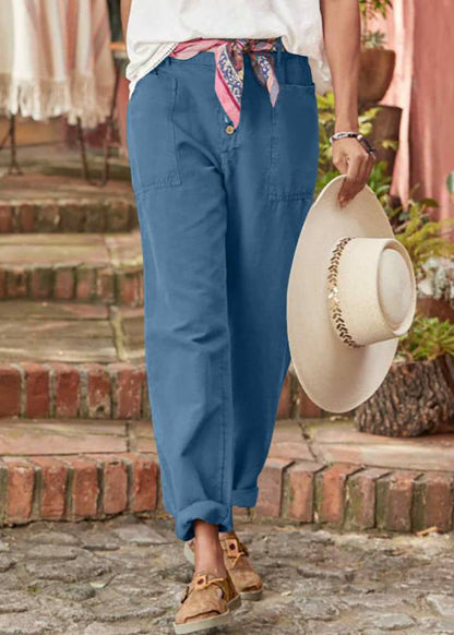 Women's Linen Trousers with Button Detail - Relaxed Fit