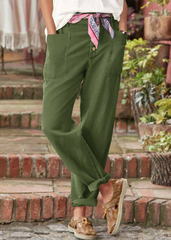 Women's Linen Trousers with Button Detail - Relaxed Fit