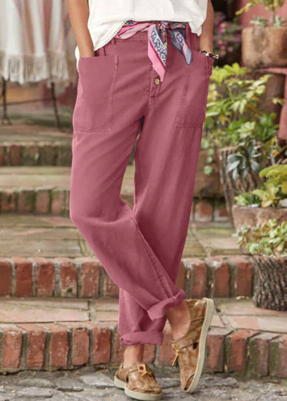 Women's Linen Trousers with Button Detail - Relaxed Fit