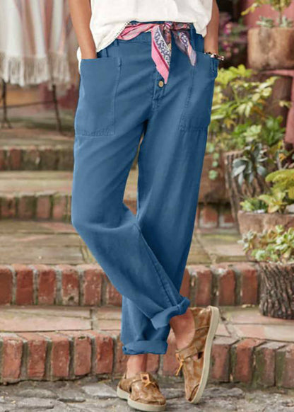 Women's Linen Trousers with Button Detail - Relaxed Fit
