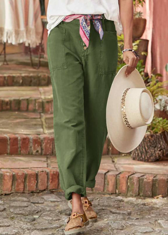 Women's Linen Trousers with Button Detail - Relaxed Fit