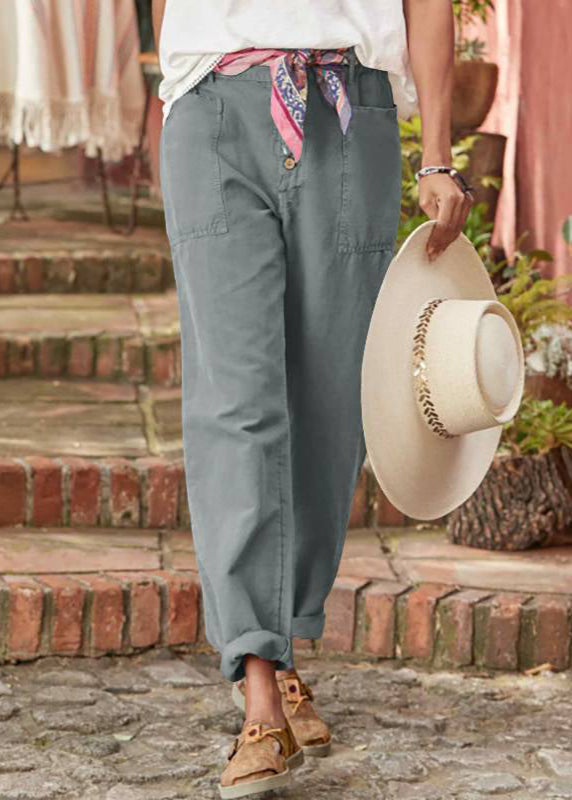 Women's Linen Trousers with Button Detail - Relaxed Fit