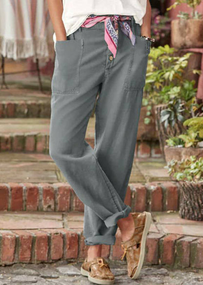 Women's Linen Trousers with Button Detail - Relaxed Fit