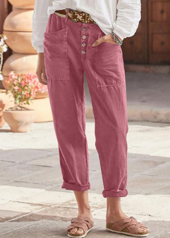 Women's Linen Trousers with Button Detail - Relaxed Fit