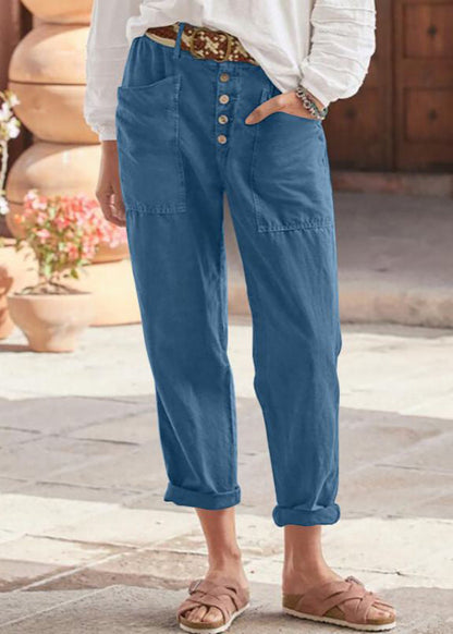 Women's Linen Trousers with Button Detail - Relaxed Fit