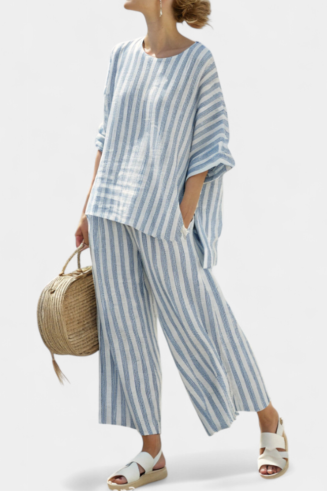Women's Striped Linen Top and Wide Leg Pants Set - Co-Ord