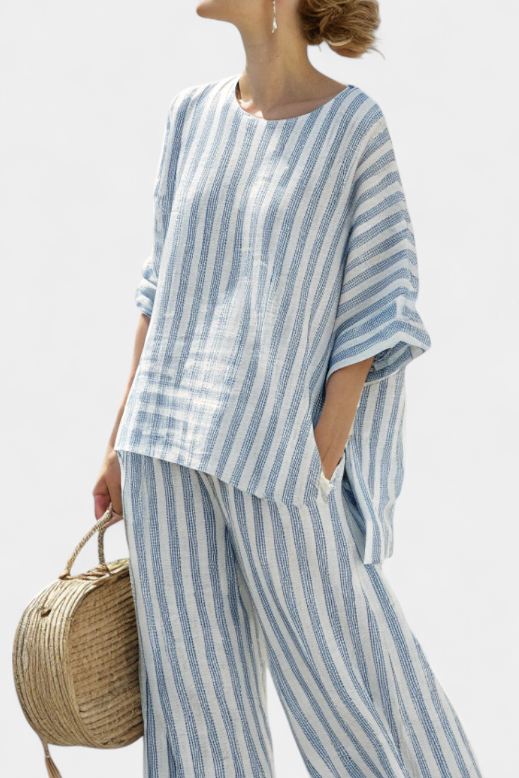 Women's Striped Linen Top and Wide Leg Pants Set - Co-Ord