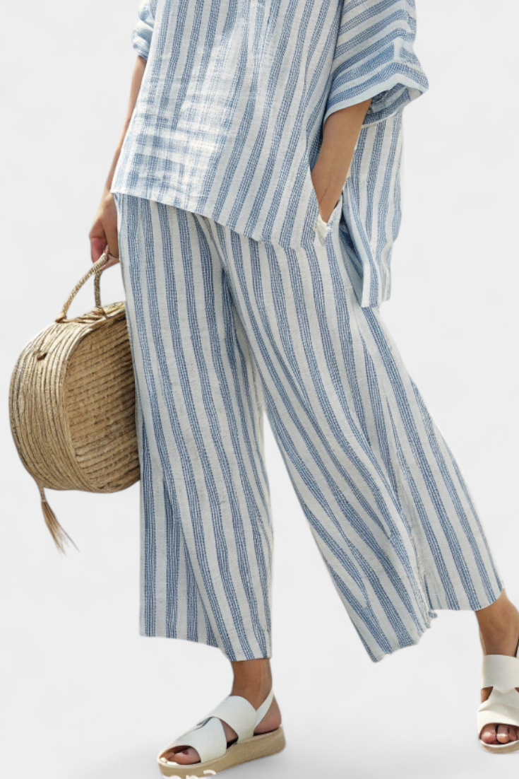 Women's Striped Linen Top and Wide Leg Pants Set - Co-Ord