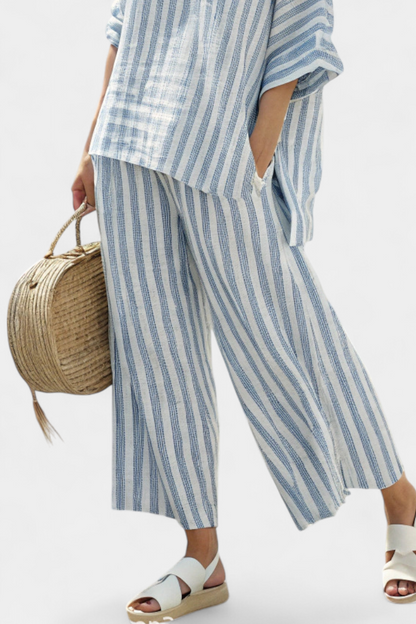 Women's Striped Linen Top and Wide Leg Pants Set - Co-Ord