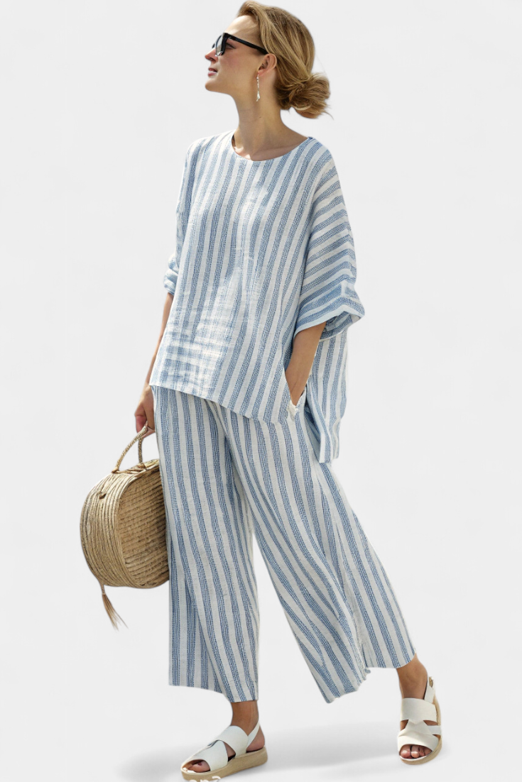 Women's Striped Linen Top and Wide Leg Pants Set - Co-Ord