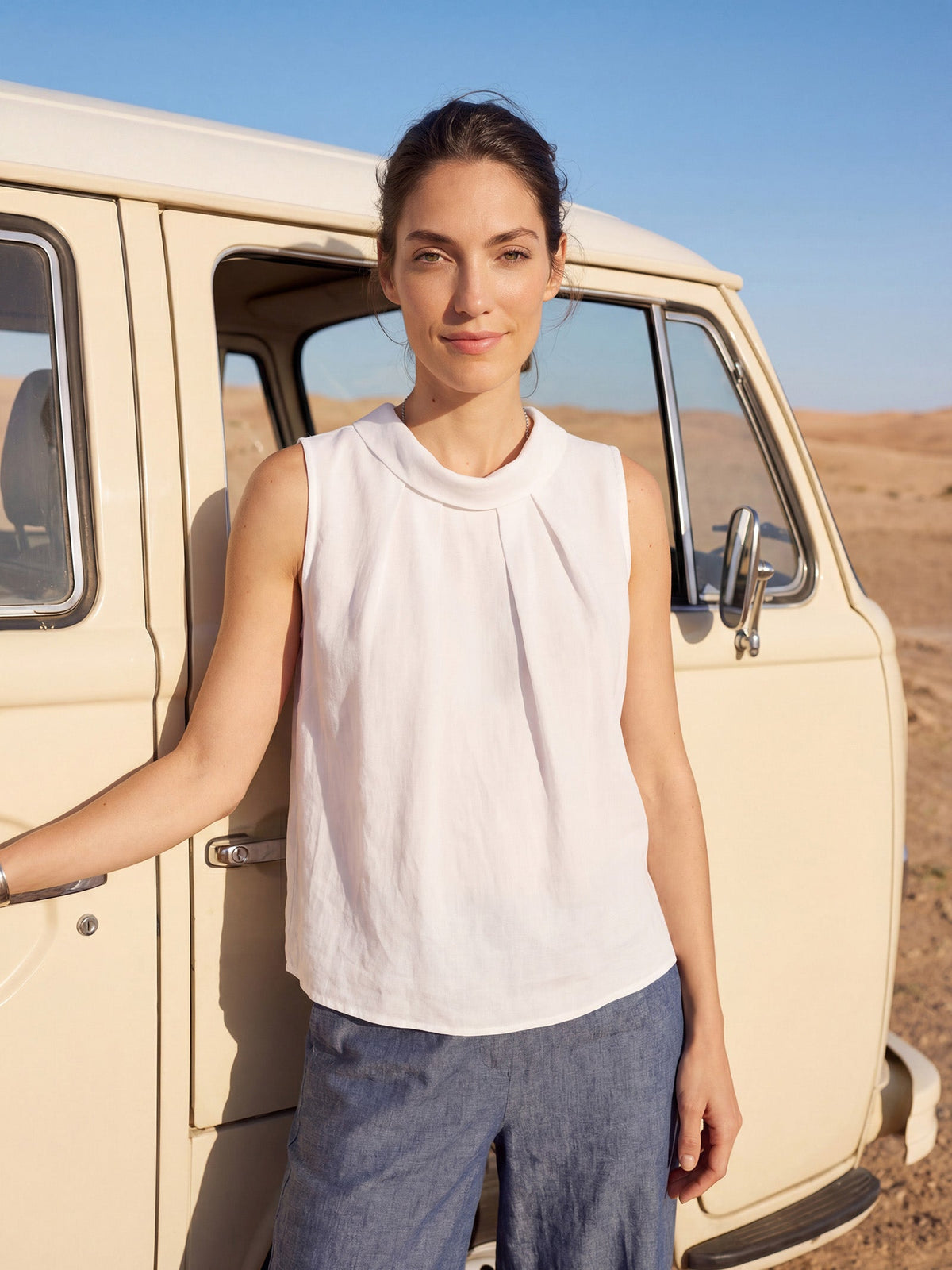Women's 100% Linen Sleeveless Blouse - Stand Collar Top