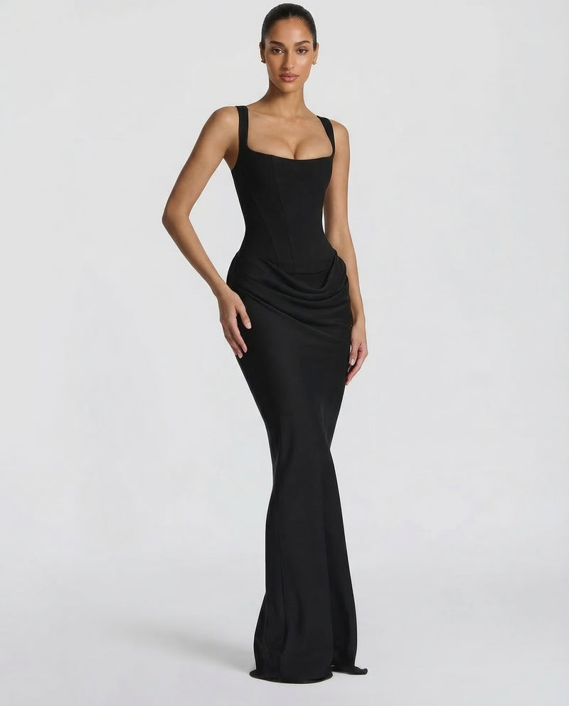 Women's Corset Maxi Dress - Square Neck Draped Evening Gown