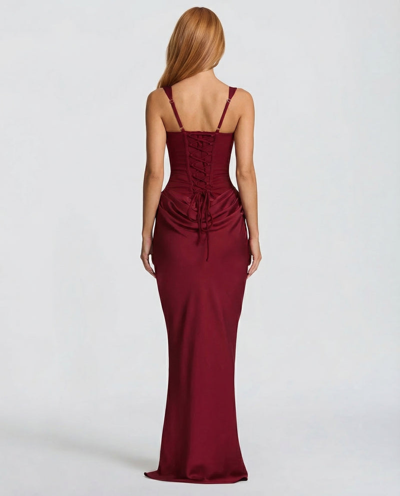 Women's Satin Corset Maxi Dress - Elegant Evening Gown