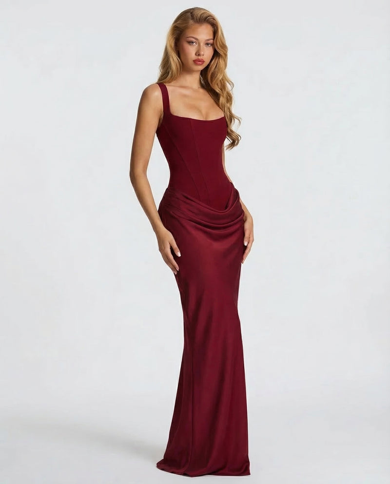 Women's Corset Maxi Dress - Square Neck Draped Evening Gown
