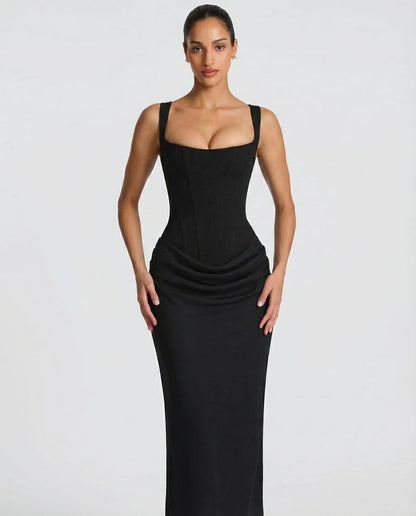 Women's Corset Maxi Dress - Square Neck Draped Evening Gown