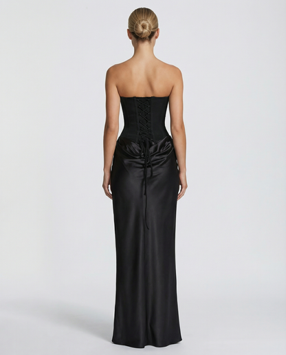 Women's Strapless Corset Maxi Dress - Draped Gown with Scarf