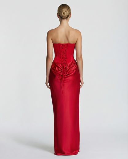 Women's Strapless Corset Maxi Dress - Draped Gown with Scarf