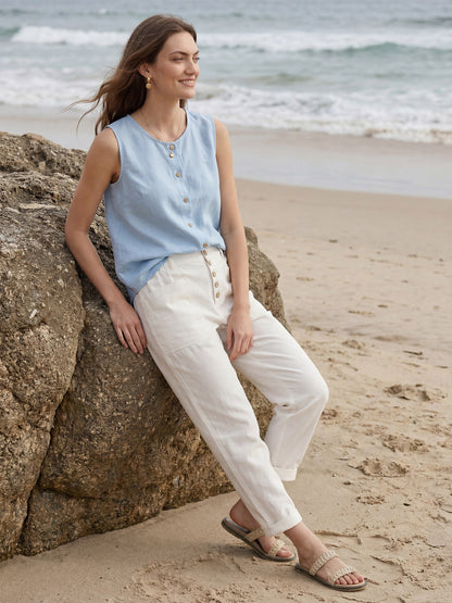 Women's Linen Blend Straight Leg Trousers - Patch Pockets